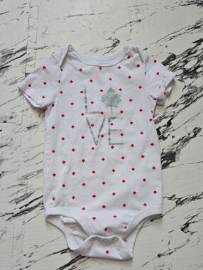 Joe Fresh White Baby One-Piece with Red Leaf Dot Pattern and Silver LOVE Graphic